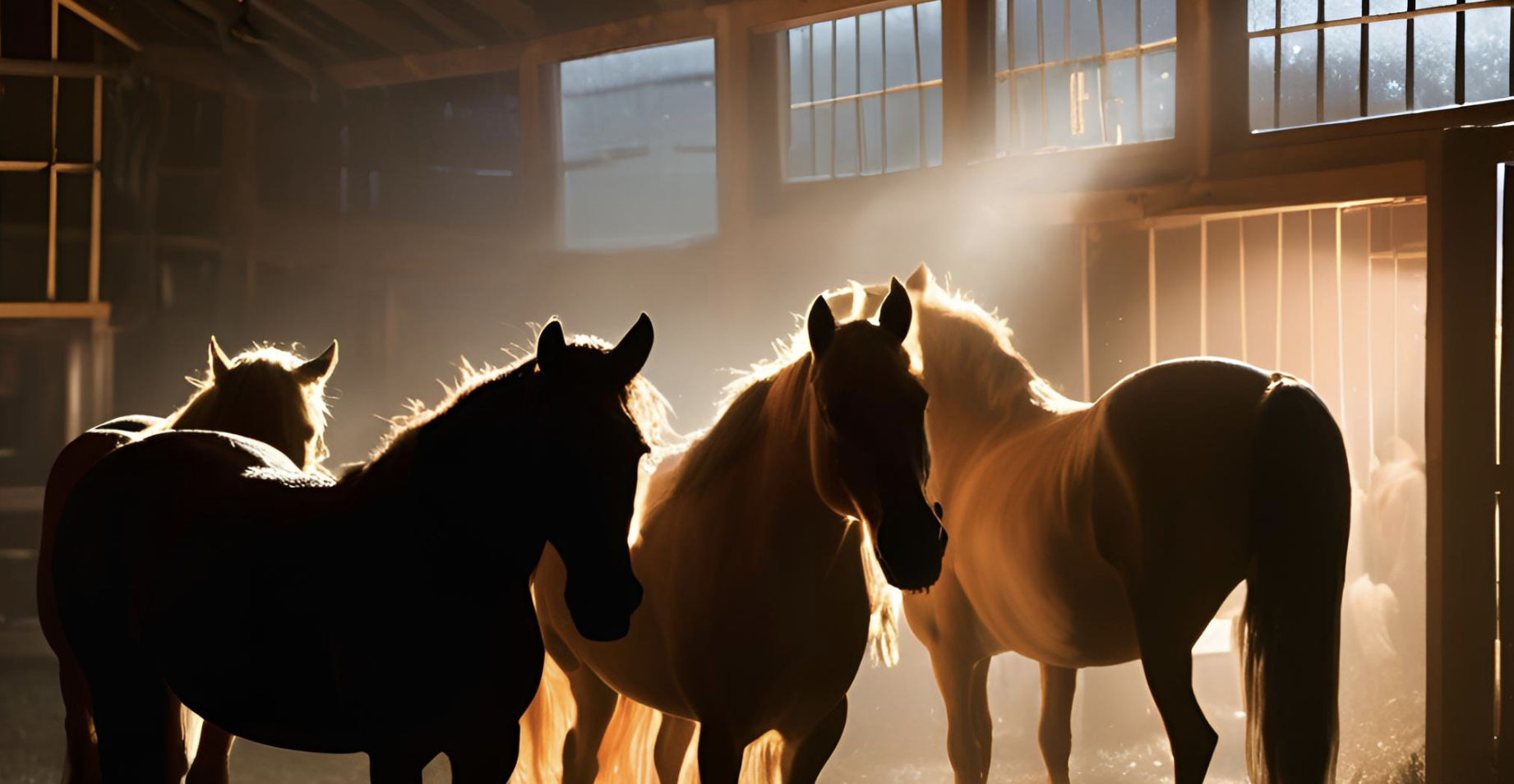 Horses in a barn during a storm